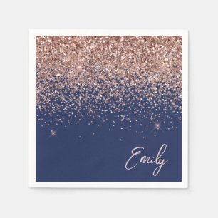 Navy Blue Rose Gold Blush Pink Glitter Monogram Napkins