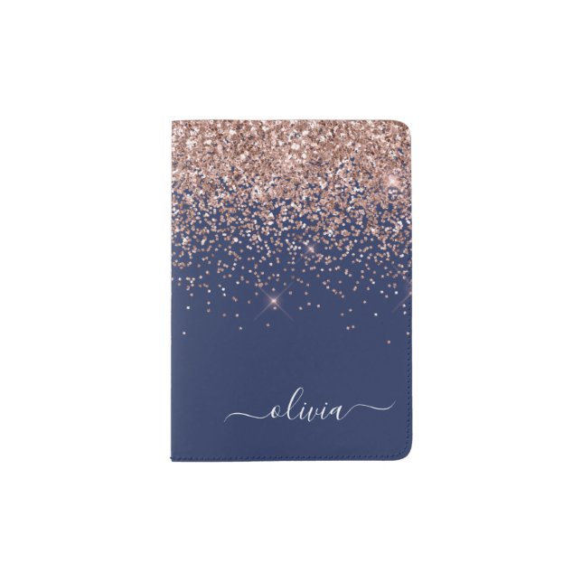 Navy Blue Rose Gold Blush Pink Glitter Monogram Passport Holder (Front)