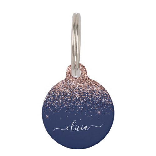 Navy Blue Rose Gold Blush Pink Glitter Monogram Pet ID Tag