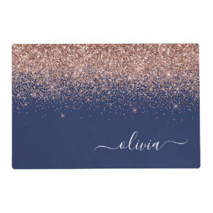 Navy Blue Rose Gold Blush Pink Glitter Monogram Placemat
