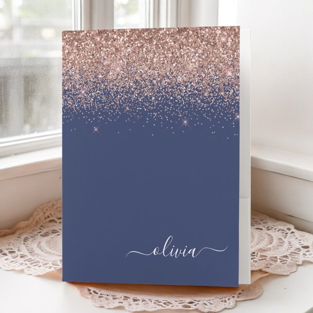 Navy Blue Rose Gold Blush Pink Glitter Monogram Pocket Folder (Creator Uploaded)