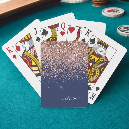 Navy Blue Rose Gold Blush Pink Glitter Monogram Poker Cards