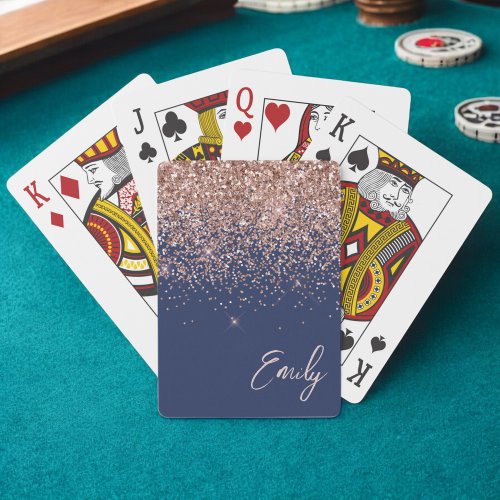 Navy Blue Rose Gold Blush Pink Glitter Monogram Poker Cards