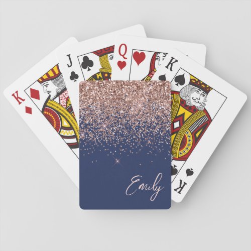 Navy Blue Rose Gold Blush Pink Glitter Monogram Poker Cards