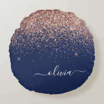 Navy Blue Rose Gold Blush Pink Glitter Monogram Round Pillow