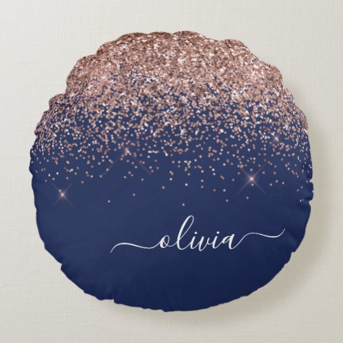 Navy Blue Rose Gold Blush Pink Glitter Monogram Round Pillow