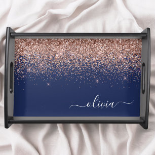 Navy Blue Rose Gold Blush Pink Glitter Monogram Serving Tray