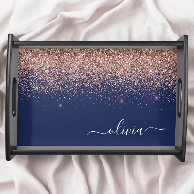 Navy Blue Rose Gold Blush Pink Glitter Monogram Serving Tray (Creator Uploaded)
