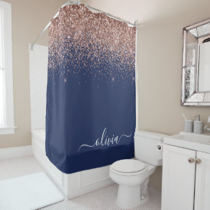 Navy Blue Rose Gold Blush Pink Glitter Monogram Shower Curtain