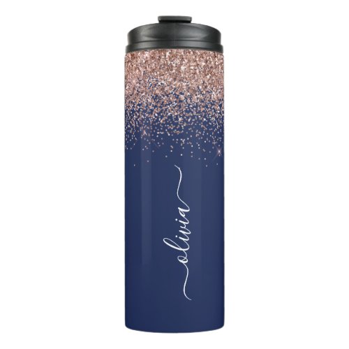 Navy Blue Rose Gold Blush Pink Glitter Monogram Thermal Tumbler