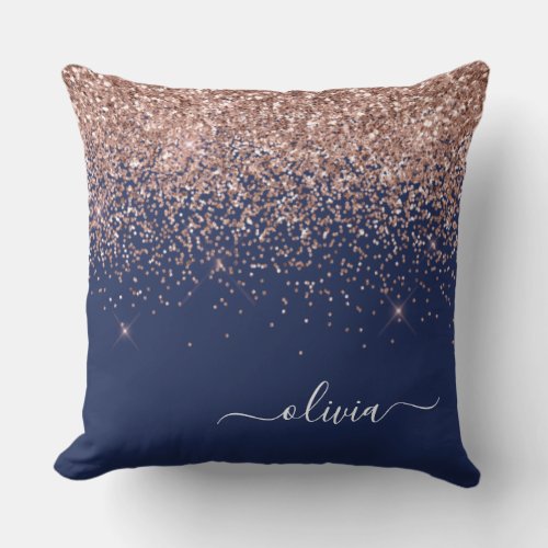 Navy Blue Rose Gold Blush Pink Glitter Monogram Throw Pillow