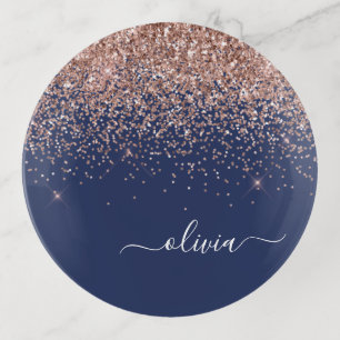 Navy Blue Rose Gold Blush Pink Glitter Monogram Trinket Tray