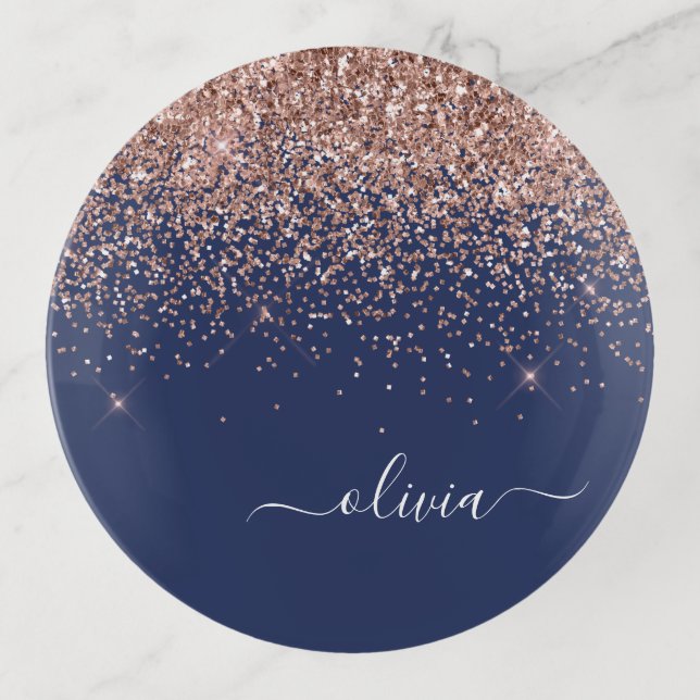 Navy Blue Rose Gold Blush Pink Glitter Monogram Trinket Tray (Front)