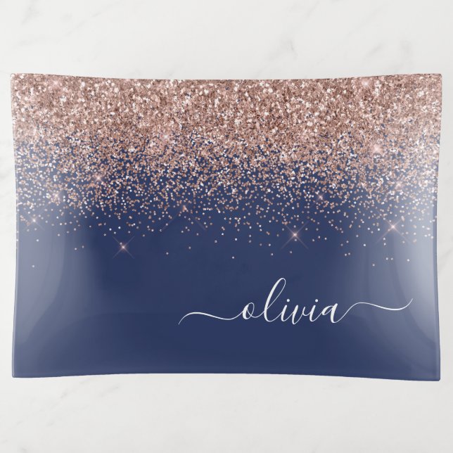 Navy Blue Rose Gold Blush Pink Glitter Monogram Trinket Tray (Front)
