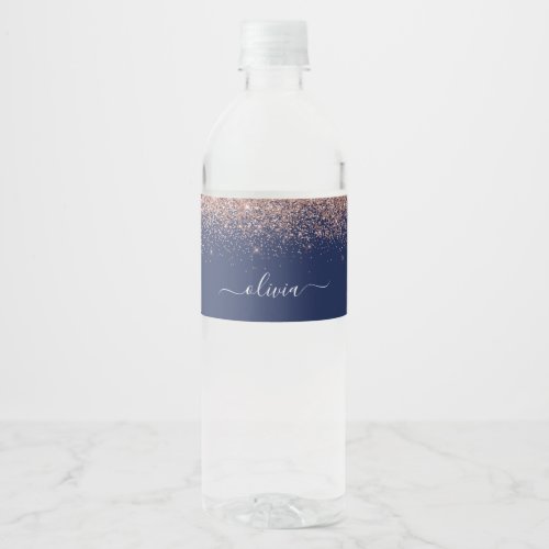 Navy Blue Rose Gold Blush Pink Glitter Monogram Water Bottle Label