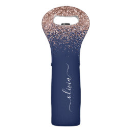 Navy Blue Rose Gold Blush Pink Glitter Monogram Wine Bag