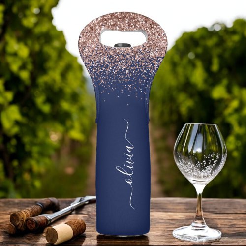 Navy Blue Rose Gold Blush Pink Glitter Monogram Wine Bag