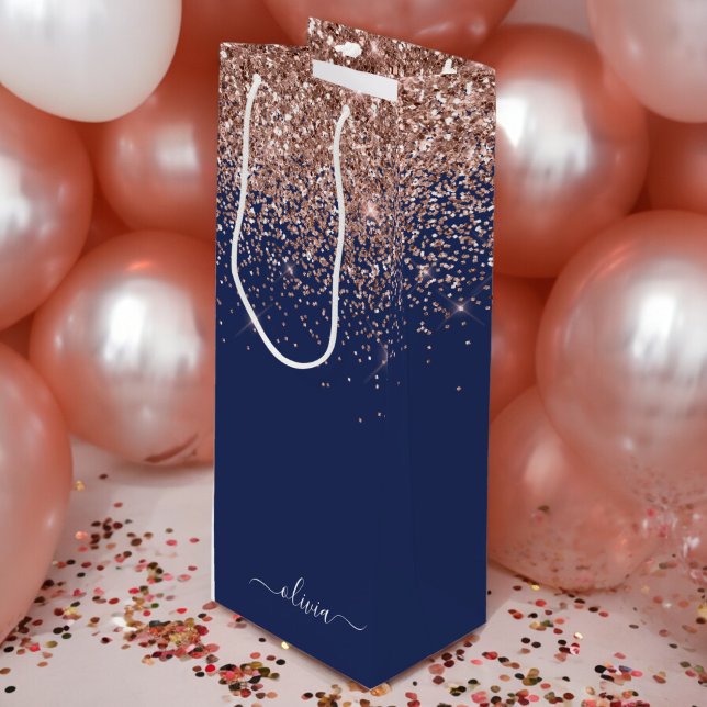 Navy Blue Rose Gold Blush Pink Glitter Monogram Wine Gift Bag (Creator Uploaded)