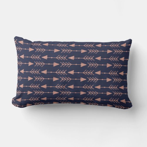 Navy Blue Rose Gold Bohemian Tribal Arrows Lumbar Pillow
