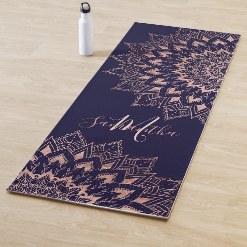 Navy blue rose gold boho mandala monogram yoga mat