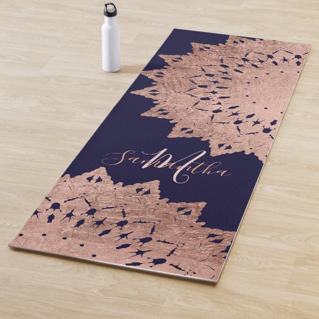 Navy blue rose gold boho mandala monogram yoga mat (In Situ)
