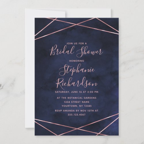 Navy Blue  Rose Gold Bridal Shower Invitation