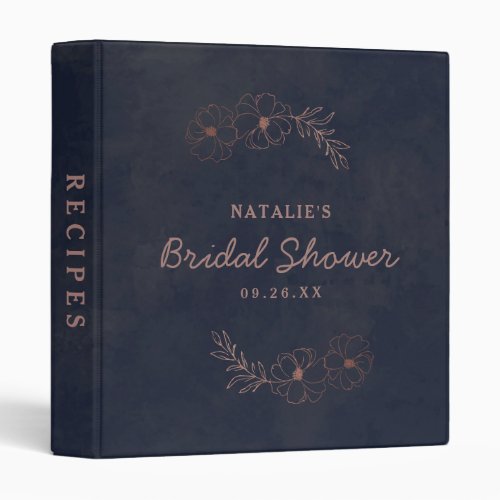 Navy Blue  Rose Gold Bridal Shower Recipe Card 3 Ring Binder