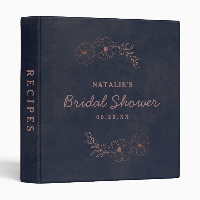 Navy Blue & Rose Gold Bridal Shower Recipe Card 3 Ring Binder (Front/Spine)