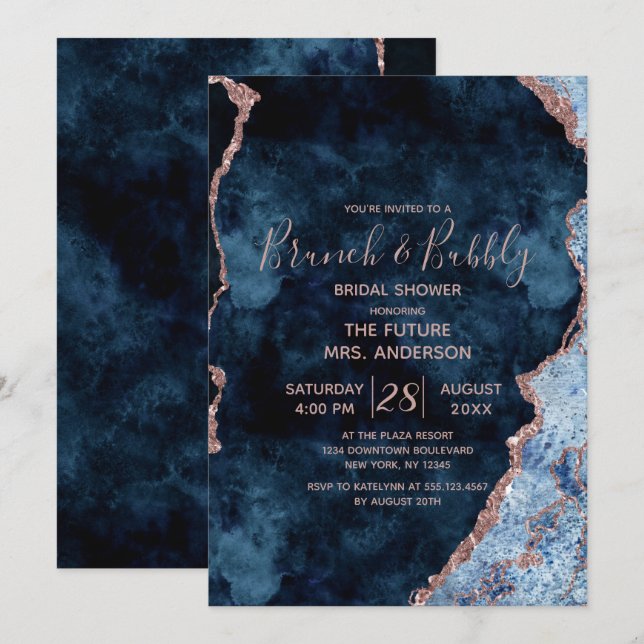 Navy Blue Rose Gold Brunch & Bubbly Bridal Shower Invitation (Front/Back)