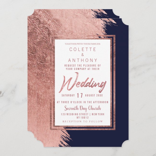 Navy blue rose gold brushstrokes modern Wedding Invitation