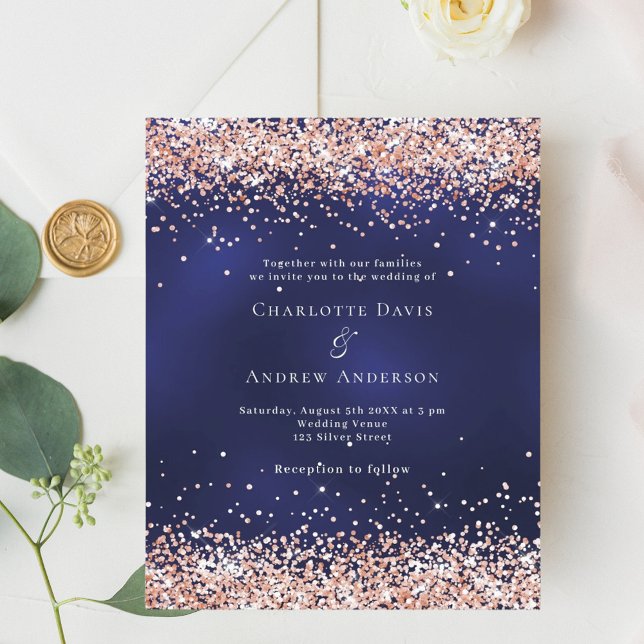 Navy blue rose gold budget wedding invitation (Creator Uploaded)