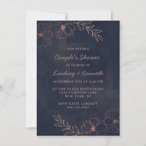 Navy Blue  Rose Gold Chic Couples Wedding Shower Invitation