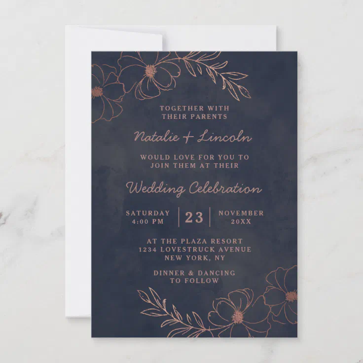 Navy Blue & Rose Gold Chic Floral Border Wedding Invitation | Zazzle