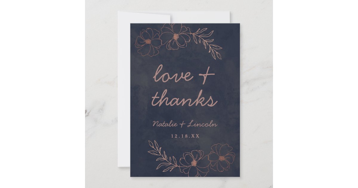 Navy Blue & Rose Gold Chic Wedding Love and Thanks Thank You Card | Zazzle