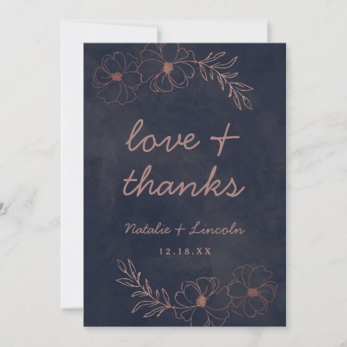 Navy Blue  Rose Gold Chic Wedding Love and Thanks Thank You Card