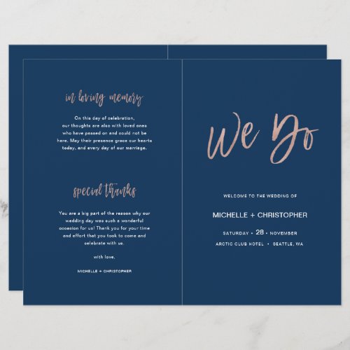 Navy Blue  Rose Gold Chic Wedding Program Booklet