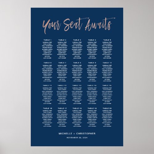 Navy Blue  Rose Gold Chic Wedding Seating Chart