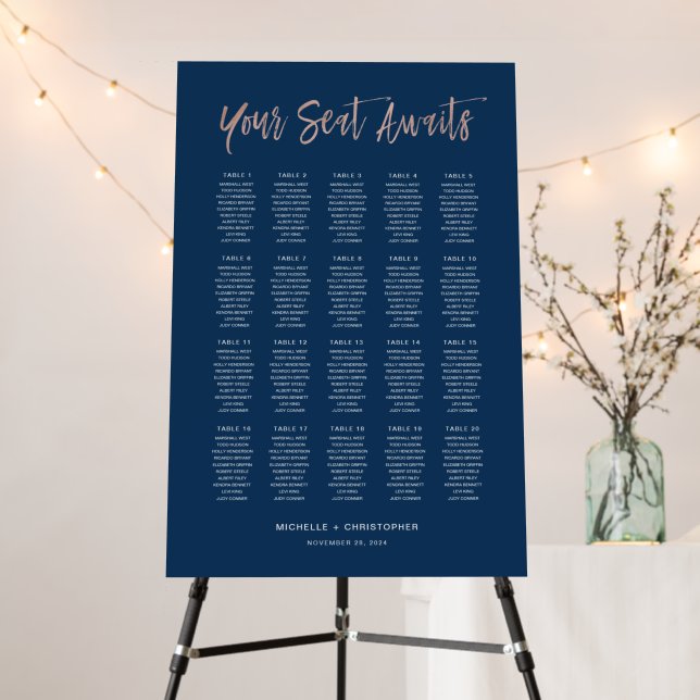 Navy Blue & Rose Gold Chic Wedding Seating Chart Foam Board (In Situ (Stand))
