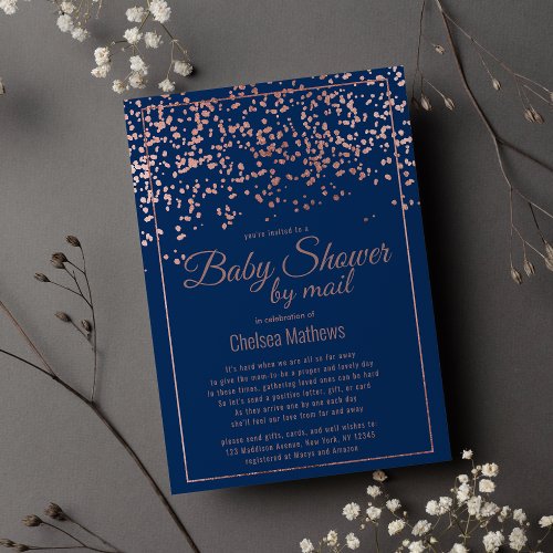 Navy blue rose gold confetti Baby Shower by Mail Invitation