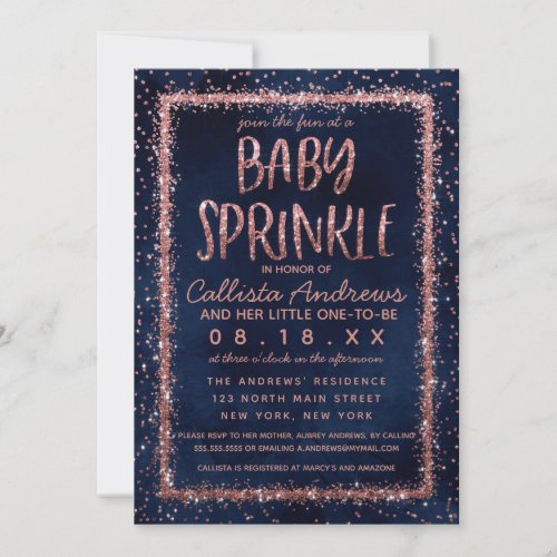 Navy Blue Rose Gold Confetti Baby Sprinkle Shower Invitation