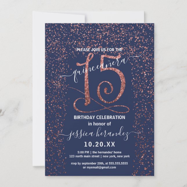 Navy Blue Rose Gold Confetti Border Quinceañera Invitation (Front)