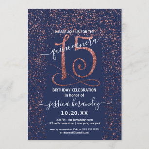 Navy Blue Rose Gold Confetti Border Quinceañera Invitation