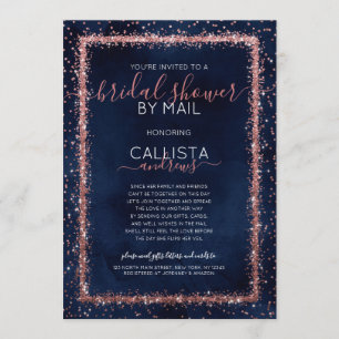Navy Blue Rose Gold Confetti Bridal Shower by Mail Invitation