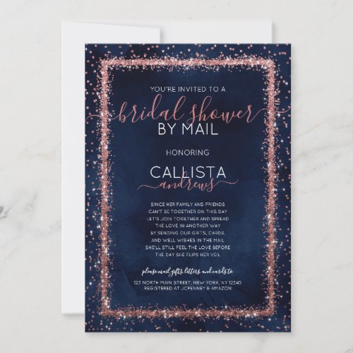 Navy Blue Rose Gold Confetti Bridal Shower by Mail Invitation