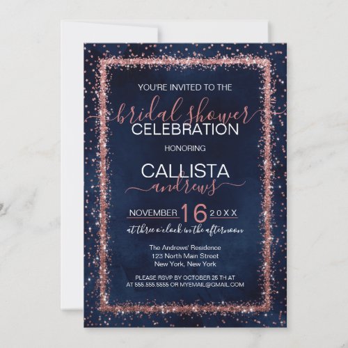 Navy Blue Rose Gold Confetti Bridal Shower Invitation