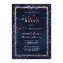 Navy Blue Rose Gold Confetti Corporate Holiday Invitation