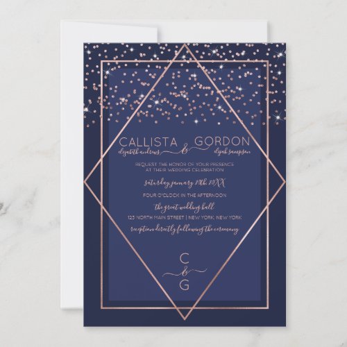 Navy Blue Rose Gold Confetti Geo Border Wedding Invitation