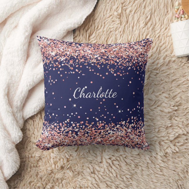 Navy blue rose gold confetti name throw pillow (Blanket)