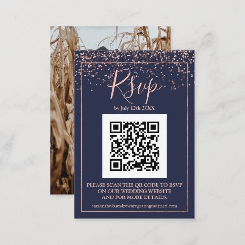 navy blue Rose gold confetti QR code rsvp Enclosure Card