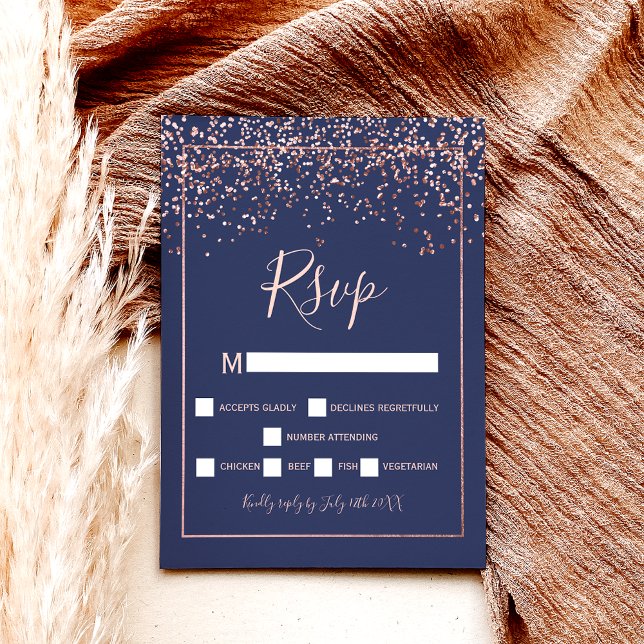 navy blue Rose gold confetti typography rsvp Postcard (Creator Uploaded)